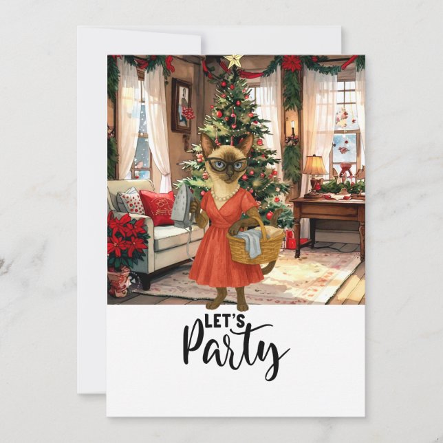 Siamese Katze Hausfrau Weihnachten Let's Party Einladung (Vorderseite)