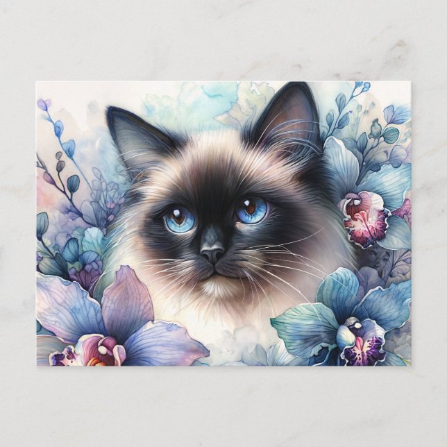 Siamese Katze unter Orchideen Postkarte (Vorderseite)