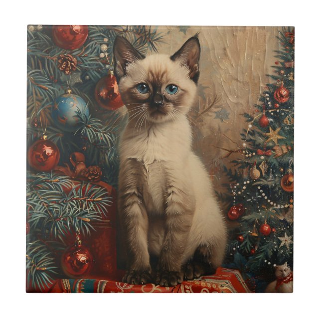 Siamese Kitten Christmas Vintag Cat Fliese (Vorderseite)
