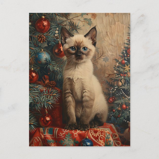 Siamese Kitten Christmas Vintag Cat Postkarte (Vorderseite)