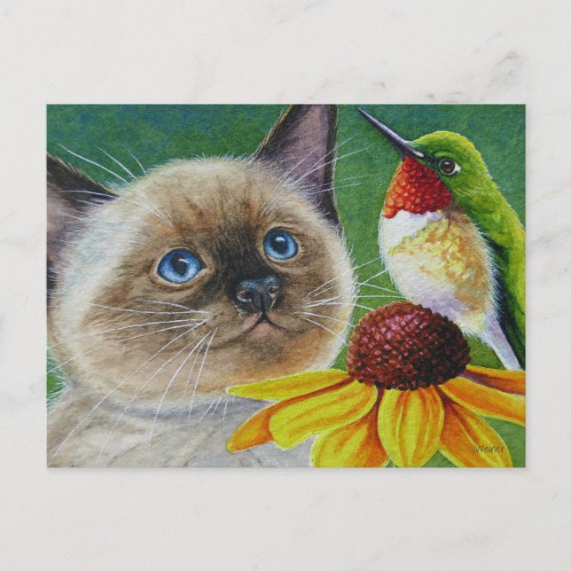 Siamese Kitten & Hummingbird Wasserfarbe Kunst & K Postkarte (Vorderseite)