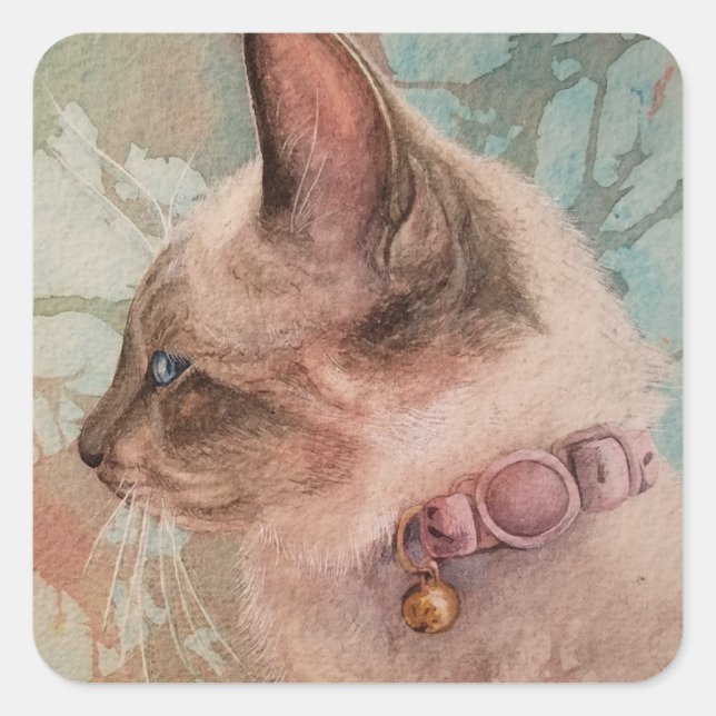 Siamese Kitten Pink Collar Wasserfarbe Kunst Quadratischer Aufkleber (Vorderseite)