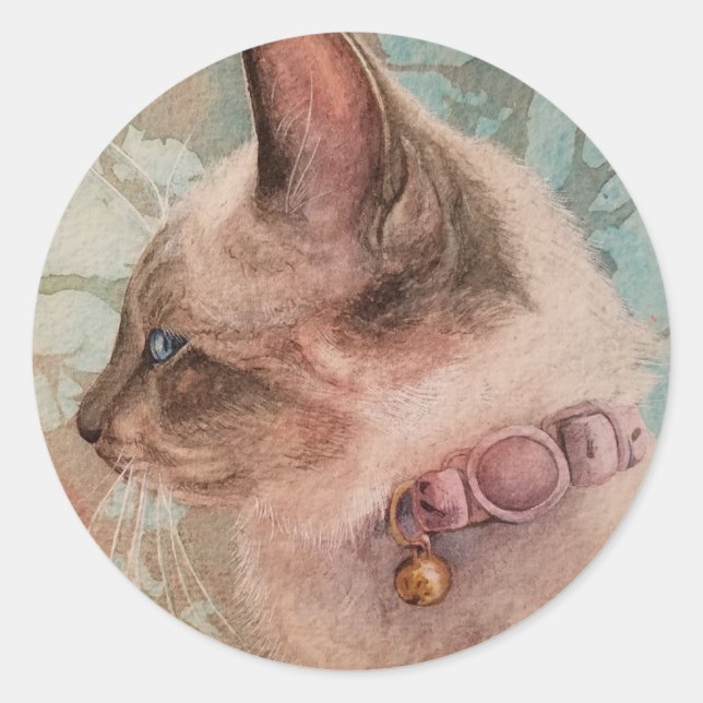 Siamese Kitten Pink Collar Wasserfarbe Kunst Runder Aufkleber (Vorderseite)