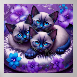 Siamese Kittens Purple Flowers Poster
