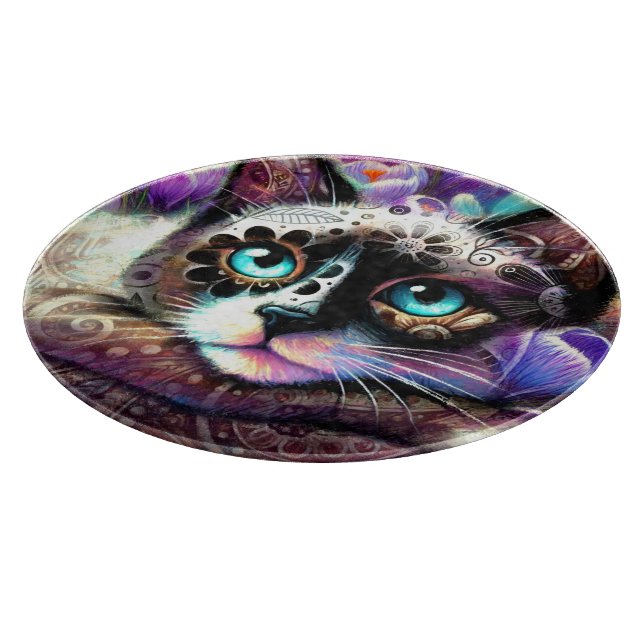 Siamese Kitty Cat Crocus Floral Lila Aquamarin Schneidebrett (Ecke)
