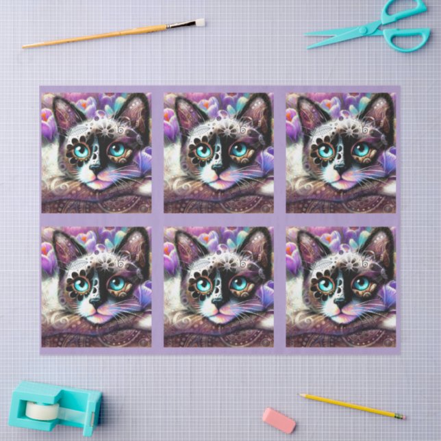 Siamese Kitty Cat Crocus Floral Purple Decoupage Seidenpapier (Basteln)