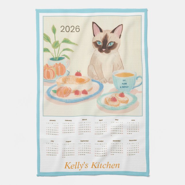 Siamese Paws & Tea Time Kitchen Towel Calendar Geschirrtuch (Vertikal)