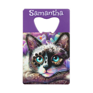 Siamese White Kitty Cat Crocus Floral Personalisie Geldbeutel Flaschenöffner