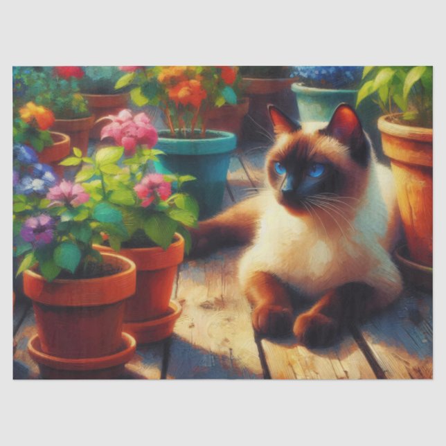 Siamesen Katze im Garten Gemälde Decoupage Seidenpapier (Vorderseite)