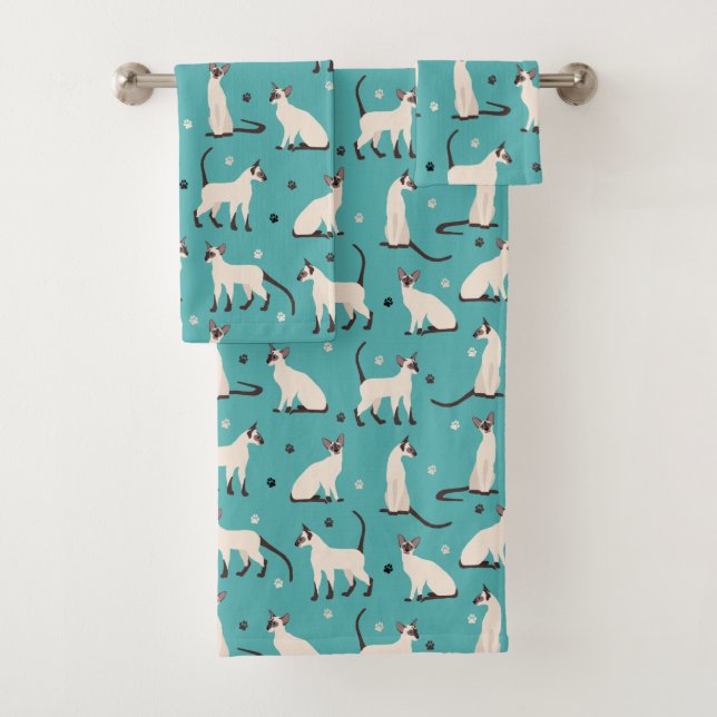 Siamesen Katzen und Paws Aquamarin Blue Badhandtuch Set (Insitu)