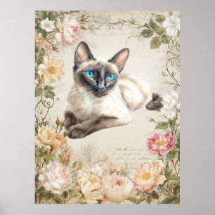 Siamesische Katze Aquarell Vintage Druck Poster
