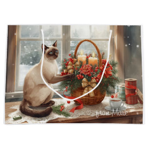 Siamesische Katze arrangiert Blumen Winter Weihnac Große Geschenktüte