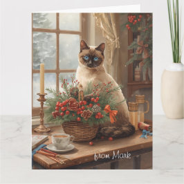Siamesische Katze arrangiert Blumen Winter Weihnac Karte