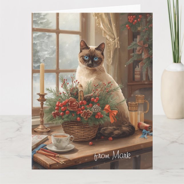 Siamesische Katze arrangiert Blumen Winter Weihnac Karte (Vorderseite)