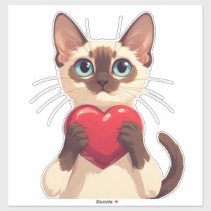 Siamesische Katze hält Herz für Liebe und Lächeln Aufkleber