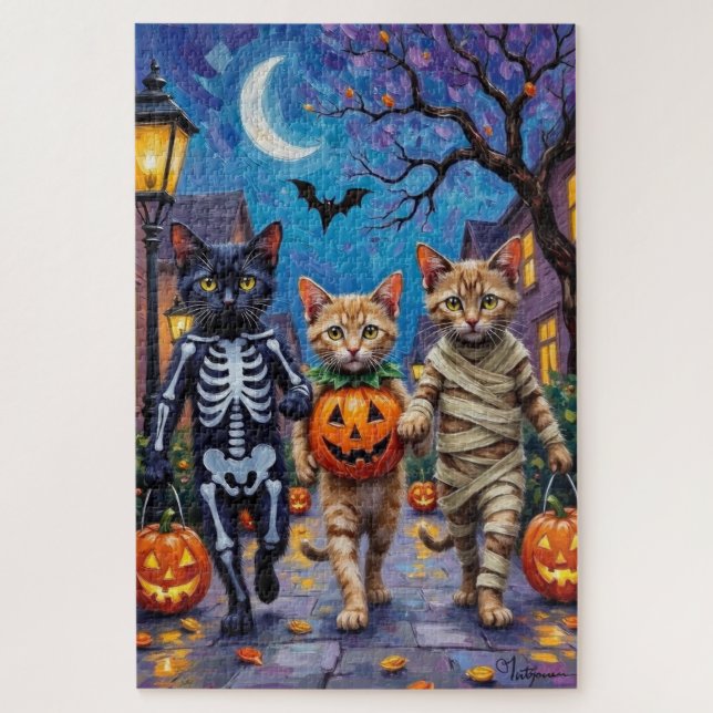 Siamesische Katzen beim Trick-or-Treat-ing an Hall (Vertikal)