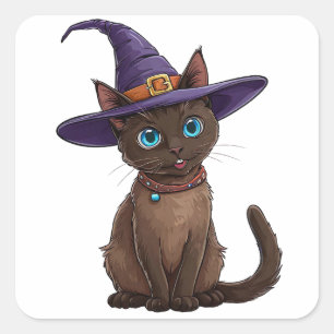 Siamesische Katzenhexenmütze Süßer Halloween Haust Quadratischer Aufkleber