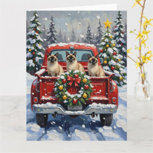 Siamesisches Katzen-Weihnachten Rotes Lastwagen Fe Karte