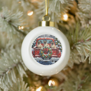 Siamesisches Katzen-Weihnachten Rotes Lastwagen Fe Keramik Kugel-Ornament