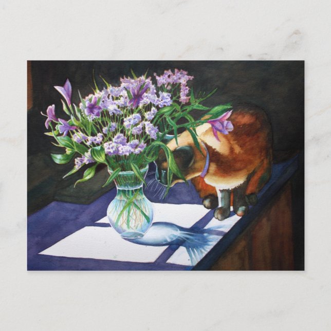 Siamische Katze Angriffsvase von Blume Postkarte (Vorderseite)