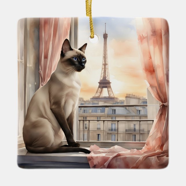 Siamische Katze Entspannen am Pariser Fensterplatz Keramikornament (Vorderseite)