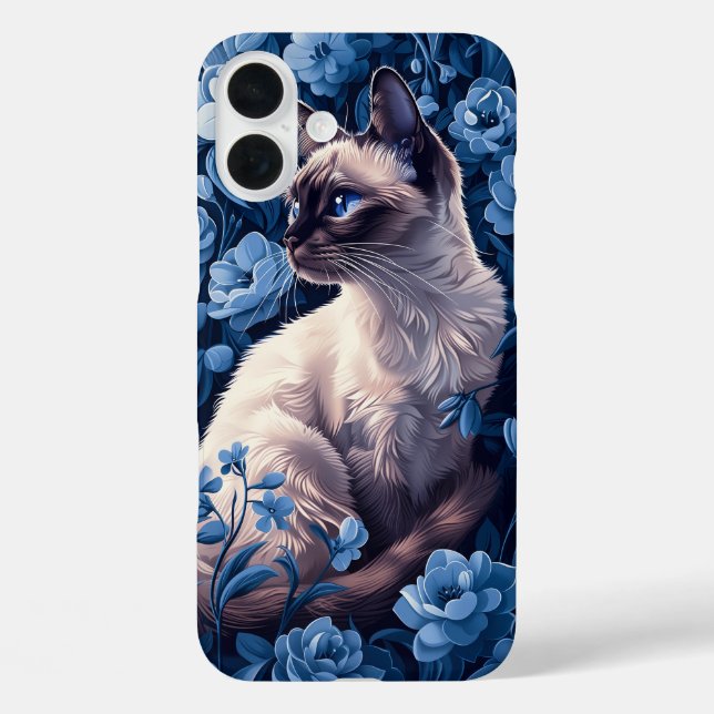 Siamische Katze in Blumen iPhone 16 Plus Hülle (Rückseite)