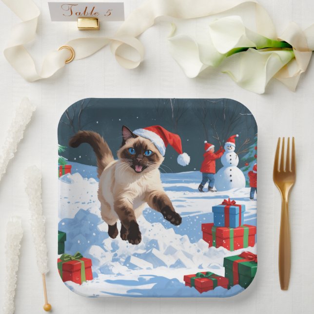 Siamische Katze läuft im Schnee mit Weihnachtsmütz Pappteller (Hochzeit)