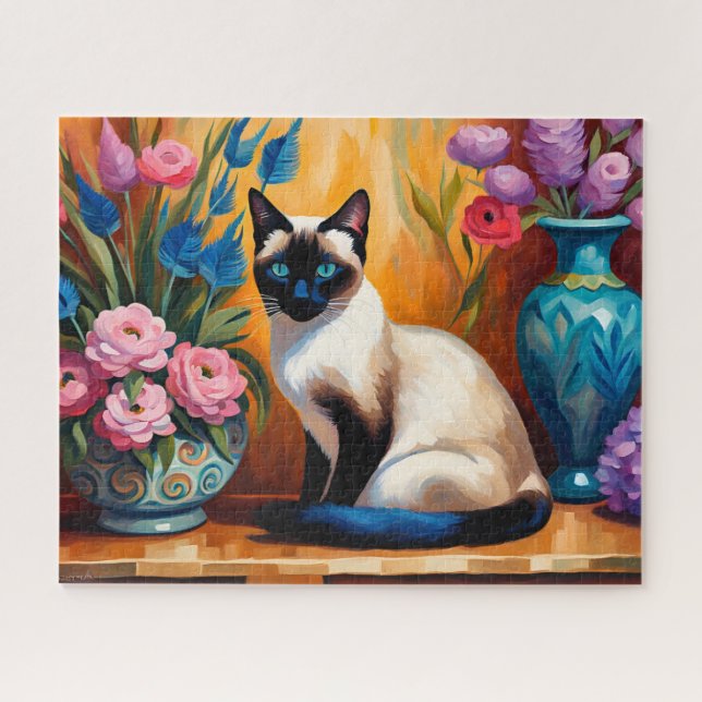 Siamische Katzen und Bouquets in Vasen, Aquarell (Horizontal)
