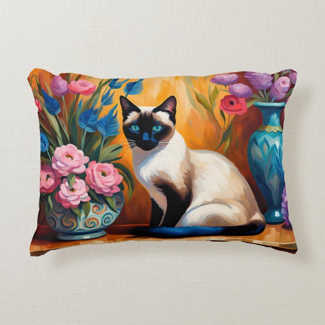 Siamische Katzen und Bouquets in Vasen, Aquarell Dekokissen (Vorderseite)