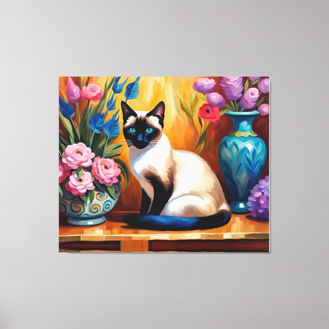 Siamische Katzen und Bouquets in Vasen, Aquarell Leinwanddruck (Vorderseite)