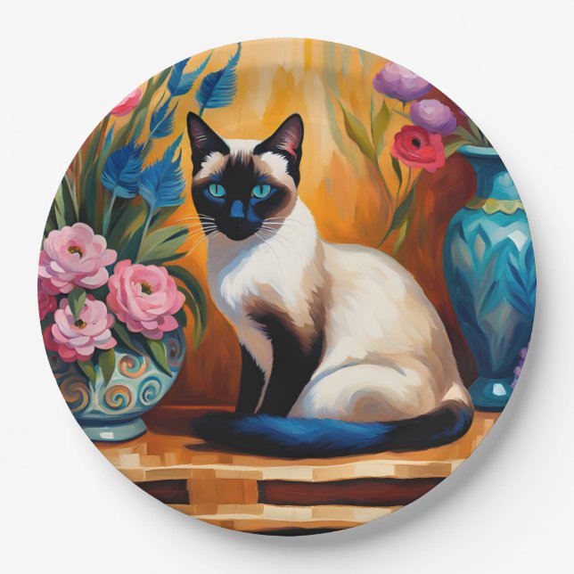 Siamische Katzen und Bouquets in Vasen, Aquarell Pappteller (Vorderseite)