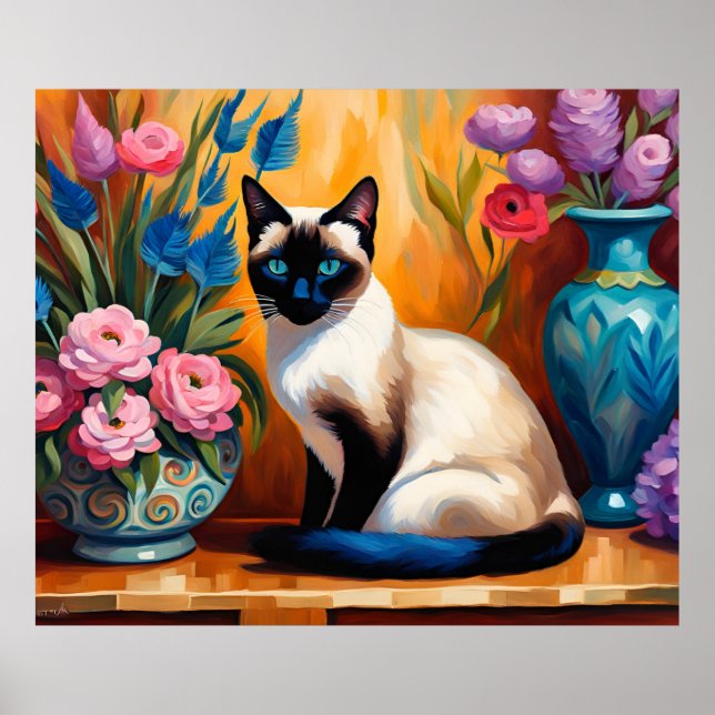 Siamische Katzen und Bouquets in Vasen, Aquarell Poster (Vorne)