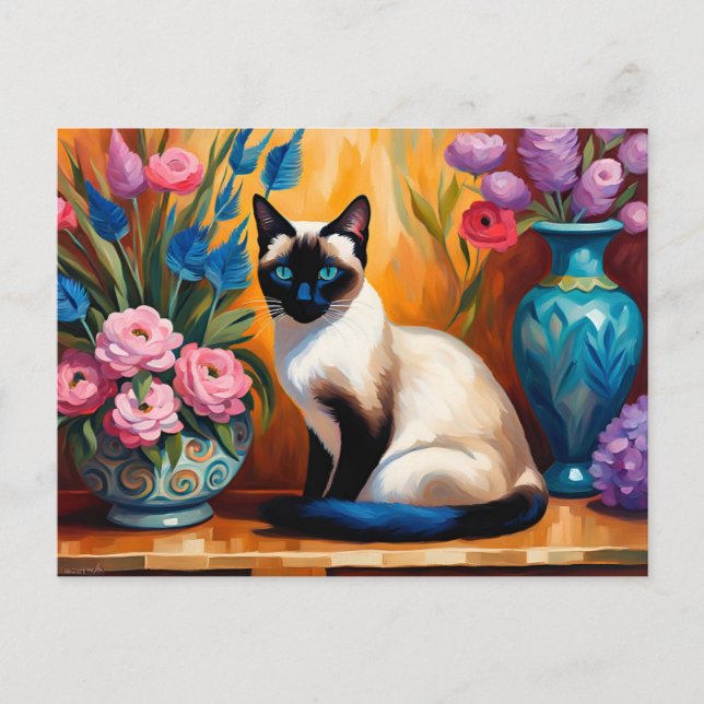 Siamische Katzen und Bouquets in Vasen, Aquarell Postkarte (Vorderseite)