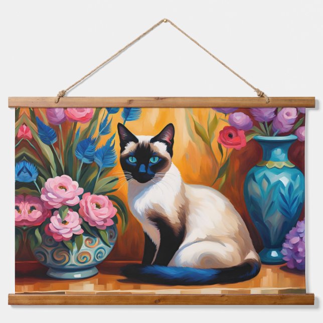 Siamische Katzen und Bouquets in Vasen, Aquarell Wandteppich Mit Holzrahmen (Vorne)