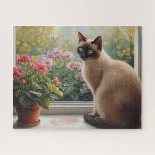 Siamkatze am Fenster mit Gartenblick