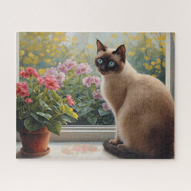 Siamkatze am Fenster mit Gartenblick (Horizontal)
