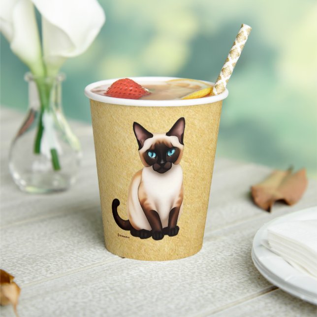 Siamkatze auf altem Papier Pappbecher (In Situ)