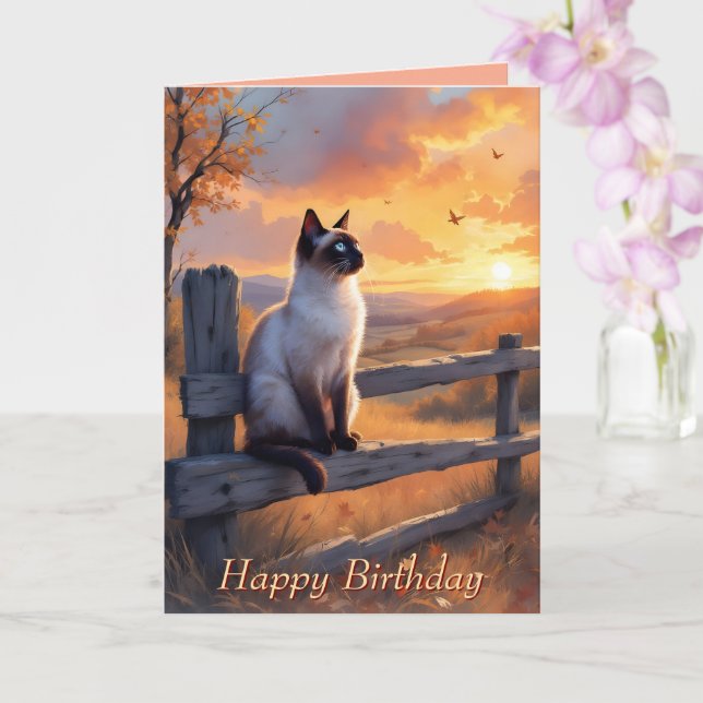 Siamkatze auf Splitterzaun Geburtstag Karte (Orchidee)
