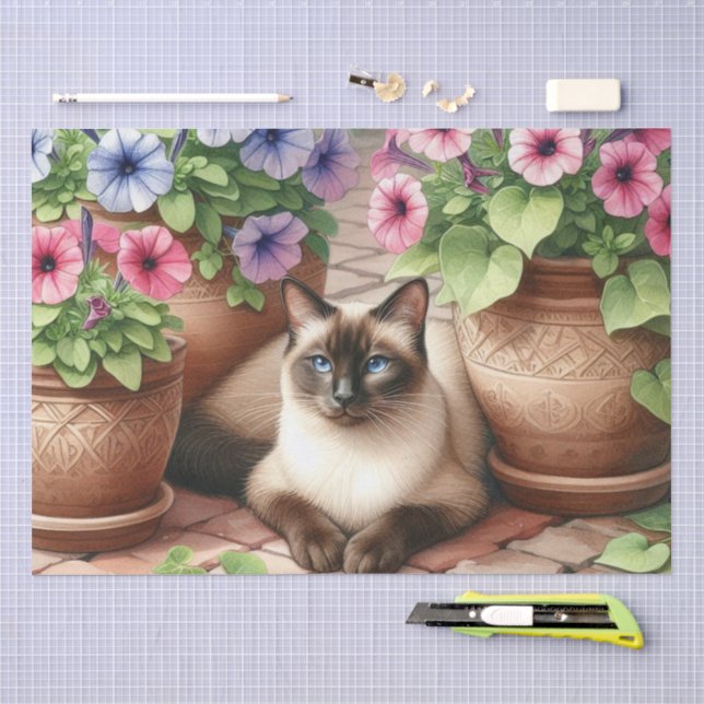 Siamkatze im Garten mit Zaunpapier Seidenpapier (Handwerk)