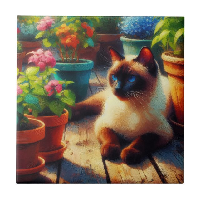Siamkatze im Gartenölgemälde Fliese (Vorderseite)