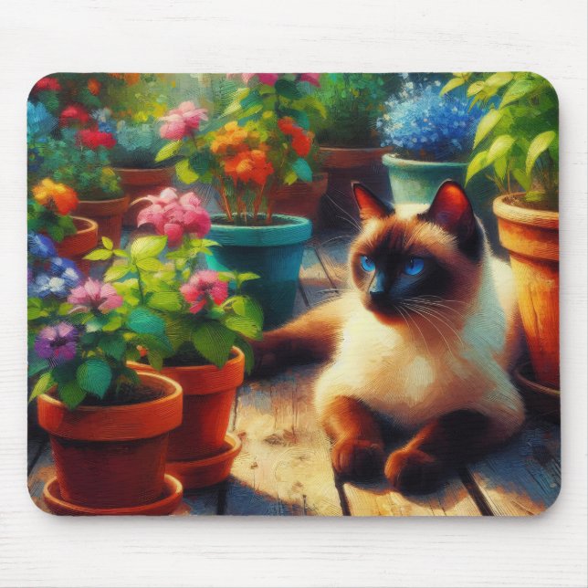 Siamkatze im Gartenölgemälde Mousepad (Vorne)