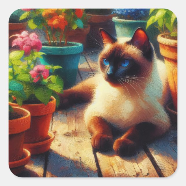 Siamkatze im Gartenölgemälde Quadratischer Aufkleber (Vorderseite)