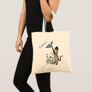 Siamkatze mit blauem Schmetterling Personalisiert Tragetasche