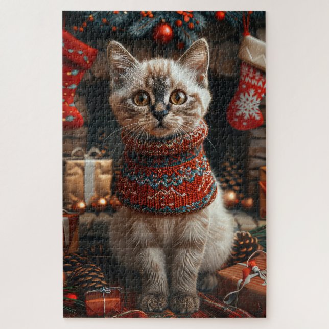 Siamkatze mit Weihnachtsgeschenke Kamin (Vertikal)
