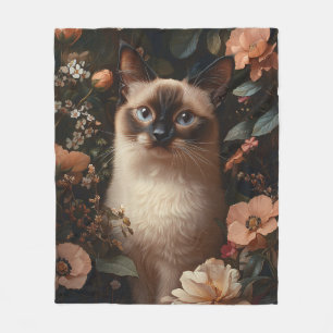 Siamkatze, umgeben von blütenrosa Blume Fleecedecke
