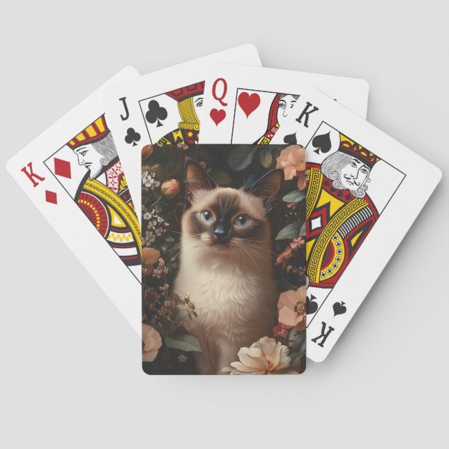 Siamkatze, umgeben von blütenrosa Blume Spielkarten (Rückseite)