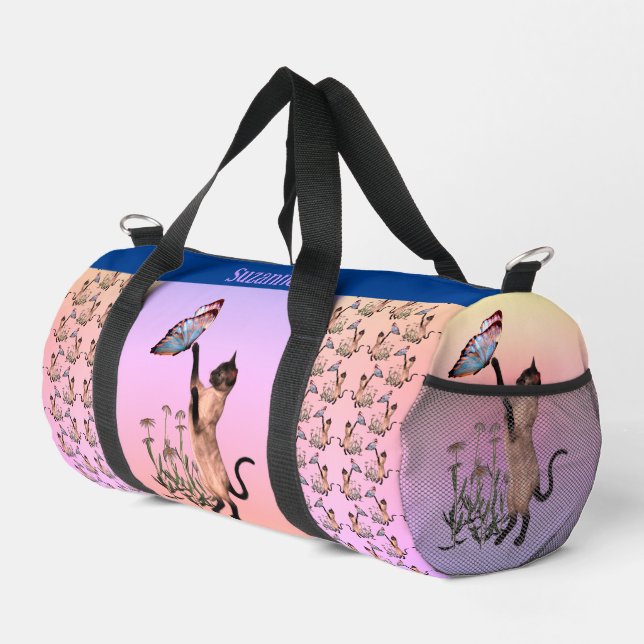 Siamkatze und Schmetterling Personalisiert Duffle Bag (Rechte Ecke)