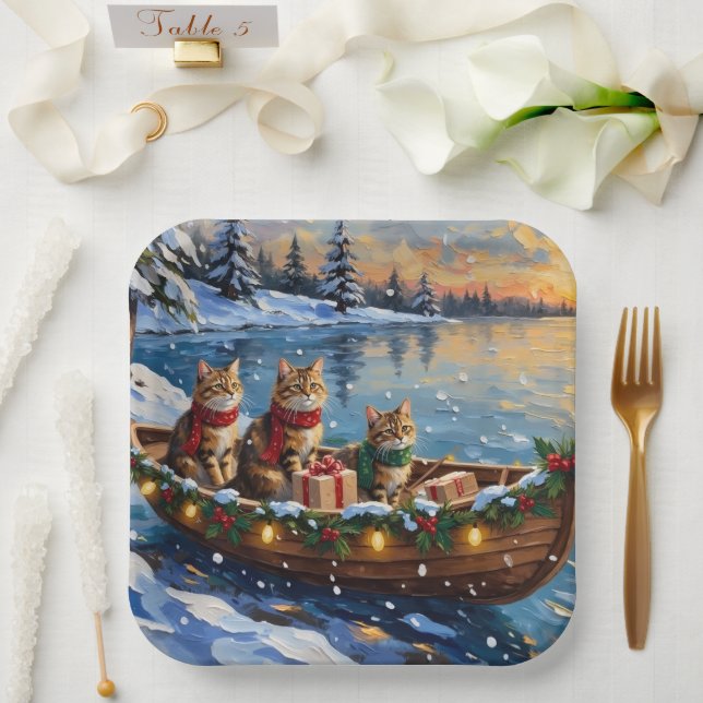 Siberian Cat Christmas Boat Holiday Pappteller (Hochzeit)