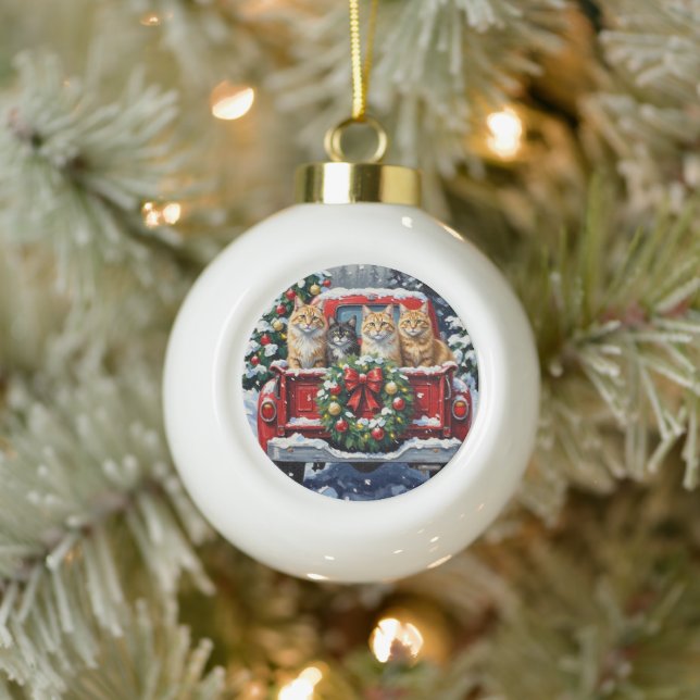Siberian Cat Christmas Red Truck Holiday Keramik Kugel-Ornament (Baum)