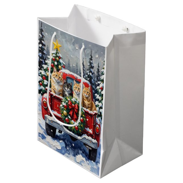 Siberian Cat Christmas Red Truck Holiday Mittlere Geschenktüte (Vorderseite Schrägansicht)